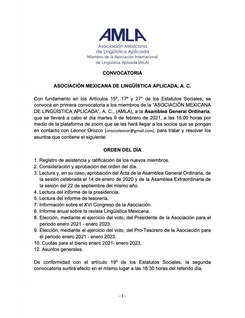 Convocatoria a Asamblea General Ordinaria de la AMLA, 9 de febrero de 2021
